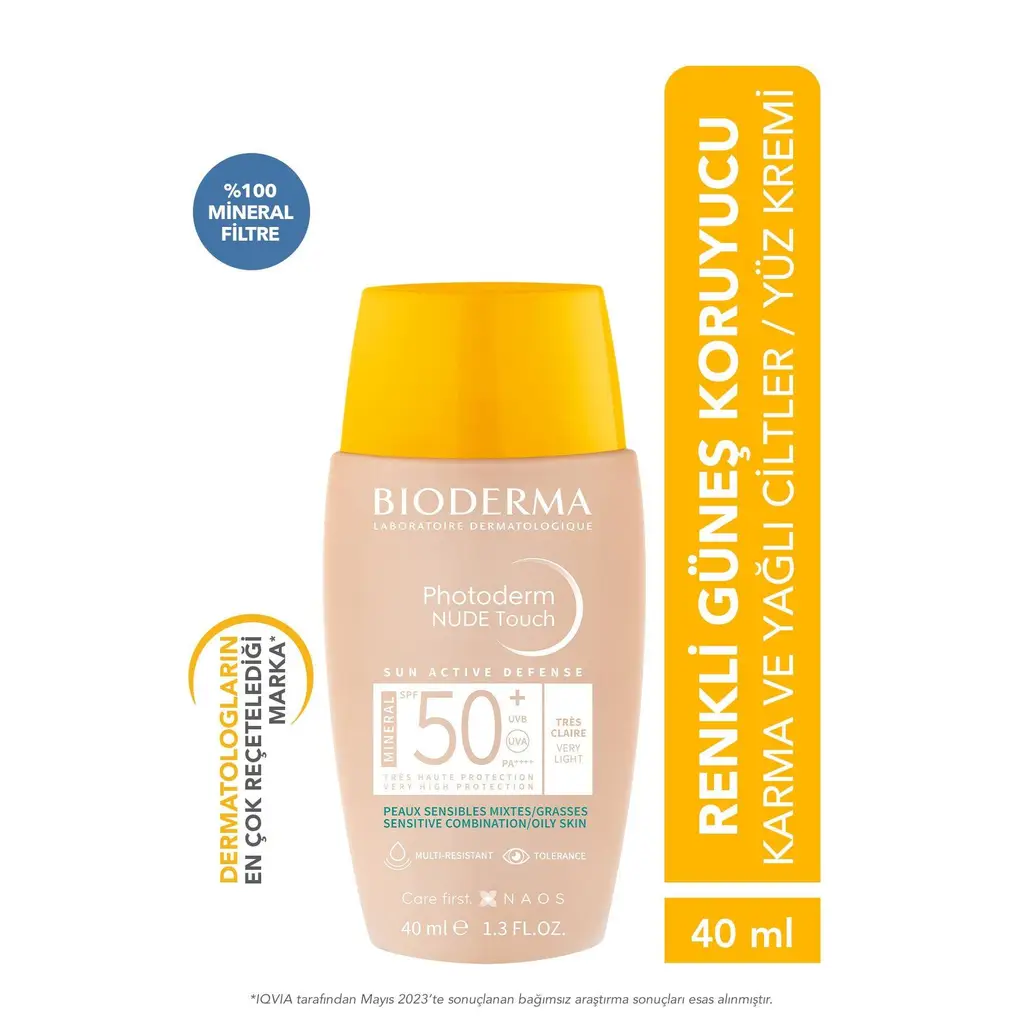 Bioderma Photoderm Nude Touch SPF50+ Very Light Karma Yağlı Ciltler Kapatıcı Etkili Renkli Güneş Kremi 40 ml