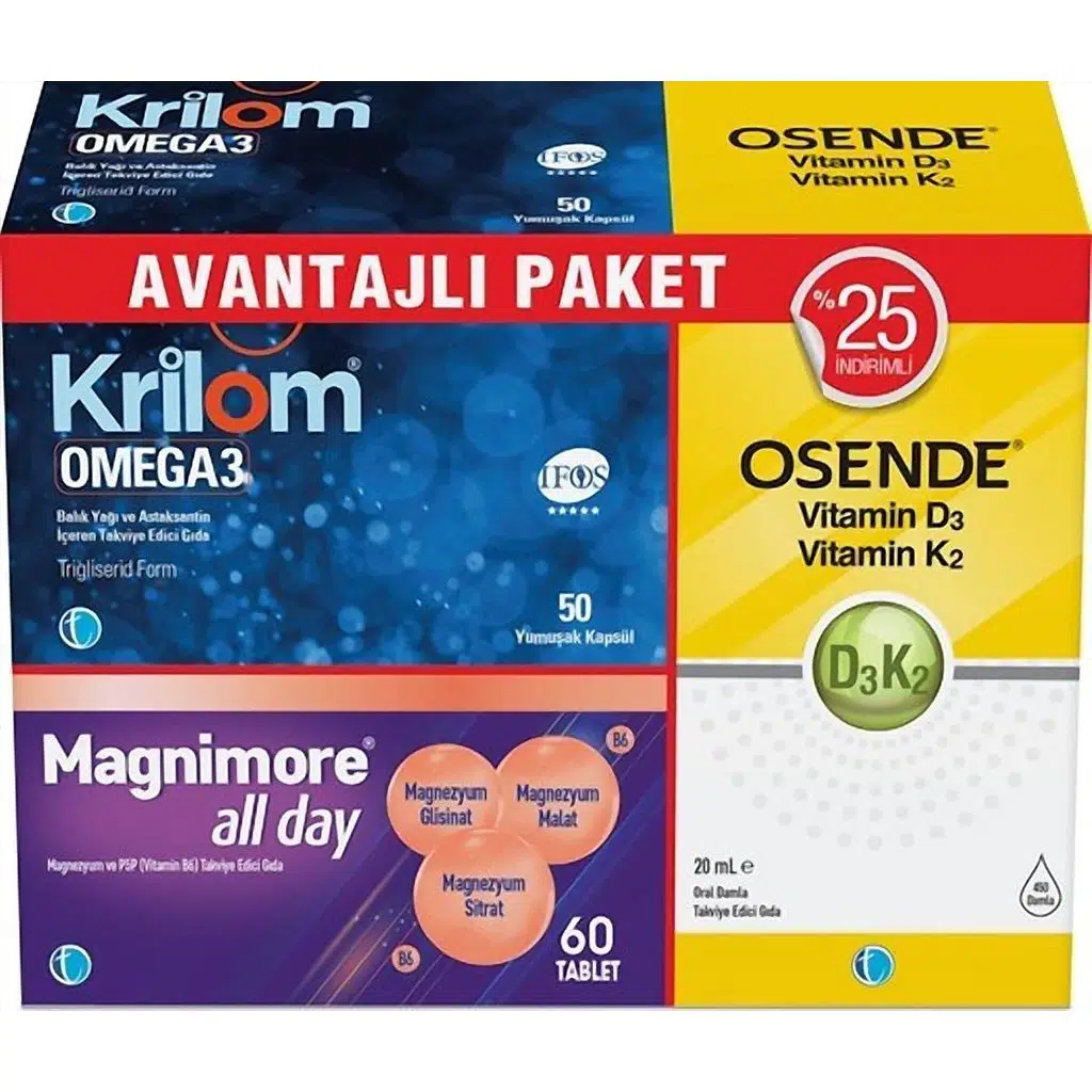 Krilom Omega3 50 Kapsül+ Magnimore Allday 60 Tablet + Osende D3k2 20 ml Avantajlı Paket
