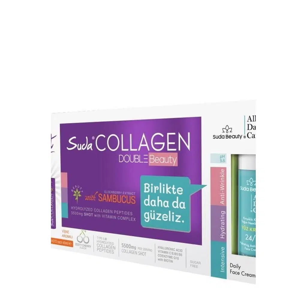 Suda Collagen Double Beauty (30 Shot Vişne Kolajen & Suda Beauty All Day Care Yüz Kremi 50ML)
