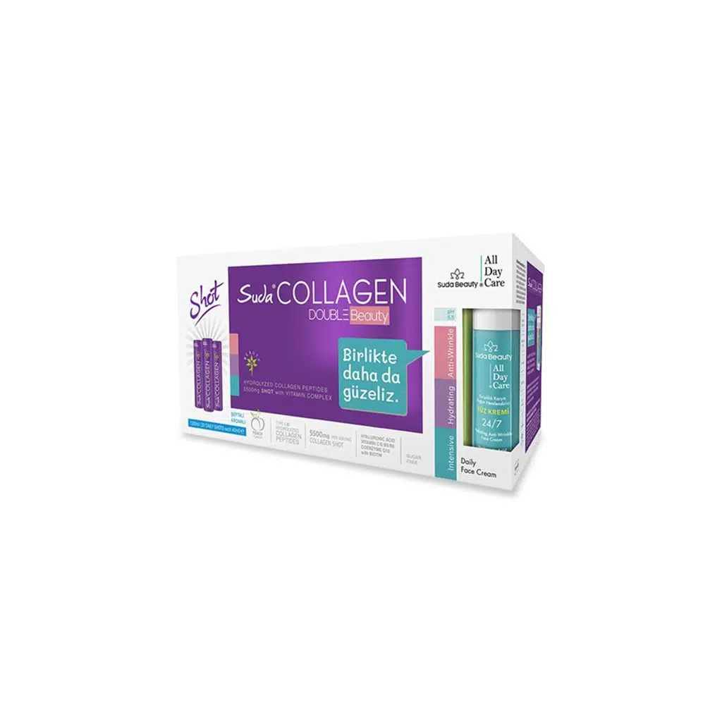 Suda Collagen Double Beauty 40mlx30 Shot Şeftali Aromalı Kolajen Suda Beauty- All Day Care Yüz Kremi 50ml