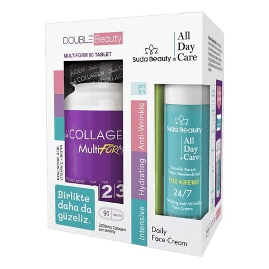 Suda Collagen Double Beauty Multiform 90 Tablet Suda Beauty Yüz Kremi 50 ml Hediye