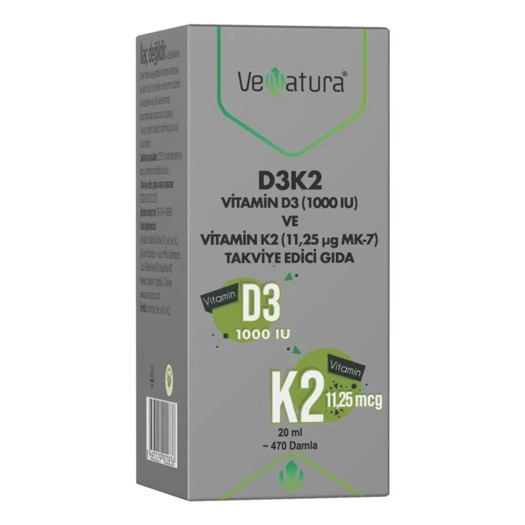 Venatura D3K2 Vitamin D3 1000 IU ve Vitamin K2 11,25 mcg MK-7 Takviye Edici Gıda 20 ml