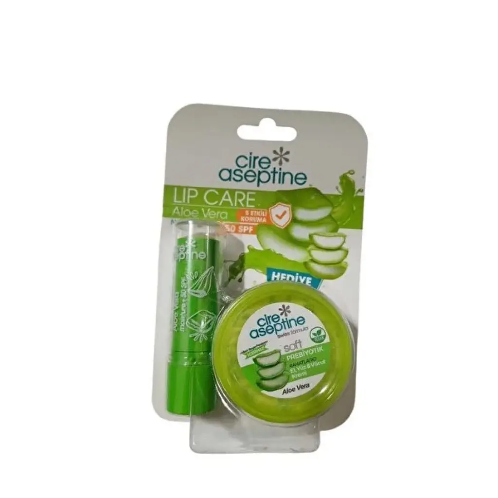 Cire Aseptine Aloe Vera SPF50 Lip Care 4.5 gr + Aloe Vera Soft Probiyotik El Yüz ve Vücut Kremi 30 ml 50 Adet